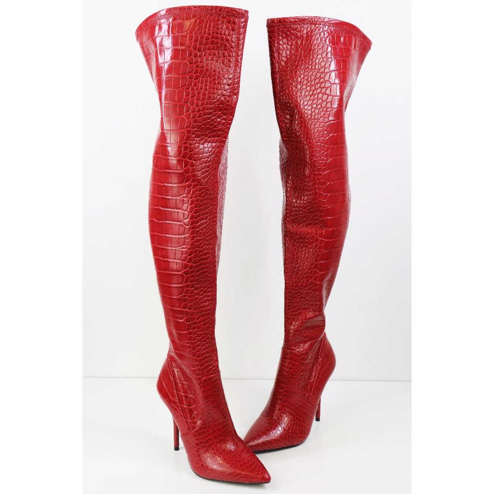 Winnie Harlow x Steve Madden Perfect Pairs Hera Croc Embossed Over The Knee Boot